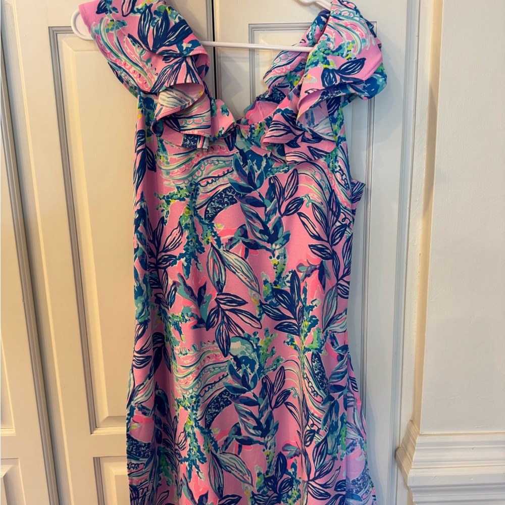 Girls Pink Floral Ruffle Shoulder Dress